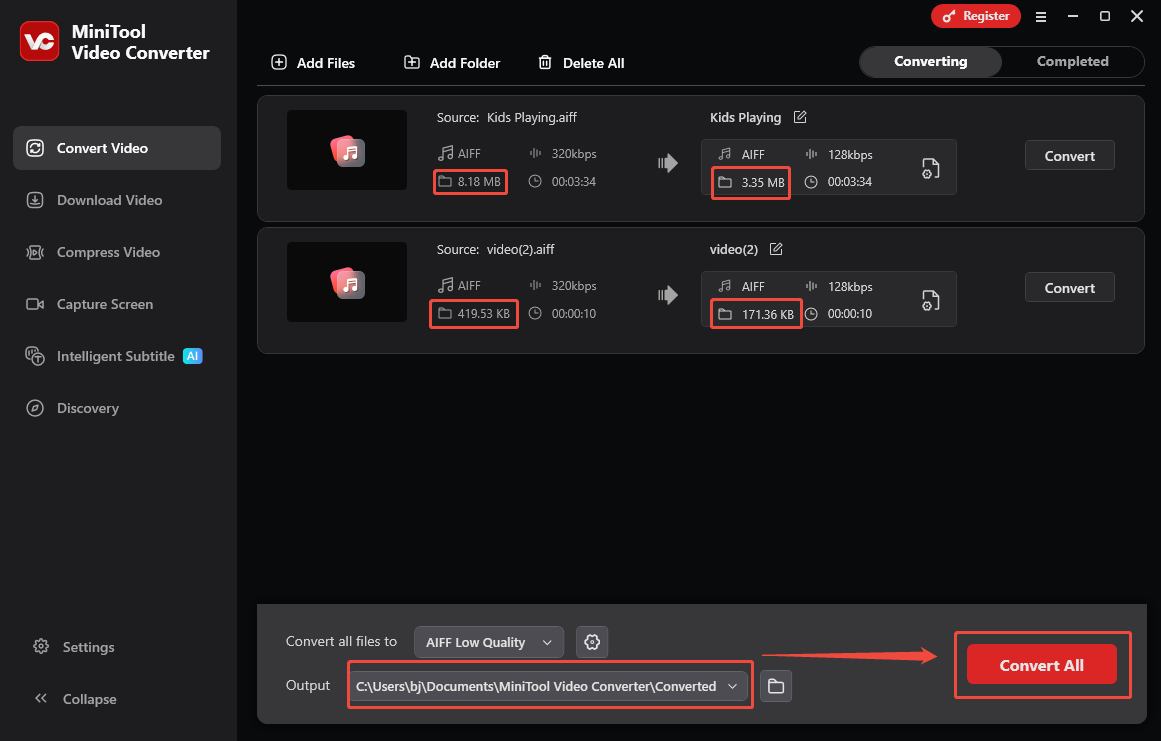 Expand the Output option to choose a saving path and click on Convert All in MiniTool Video Converter to begin the compression process