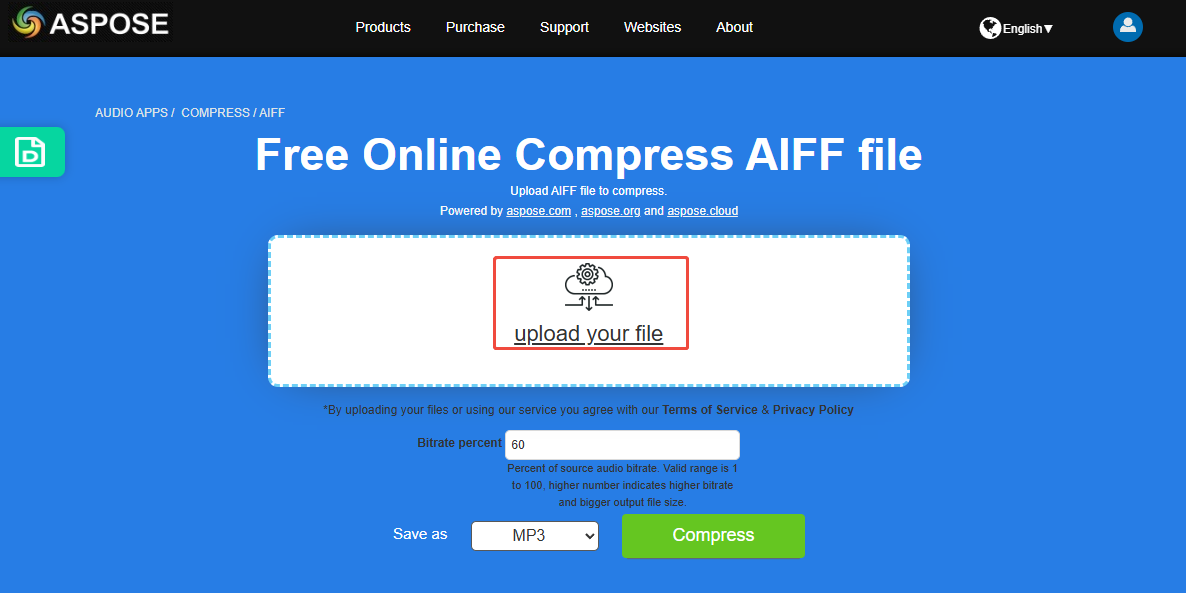 Click on the upload your file area in ASPOSE to import the AIFF file you want to compress