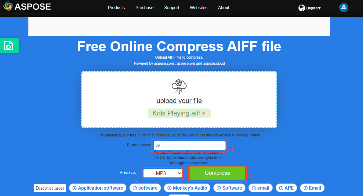 Specify the bitrate percentage and output format, and click on Compress in ASPOSE to begin the compression process
