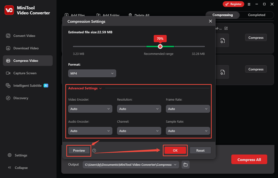 Specify and confirm the advanced compression settings in MiniTool Video Converter