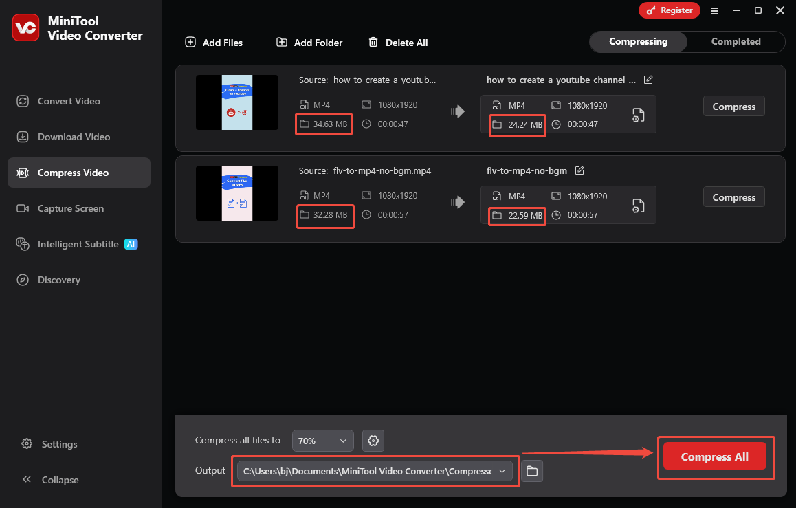 Expand the Output option to choose a saving path and click on Compress All in MiniTool Video Converter to begin the compression process