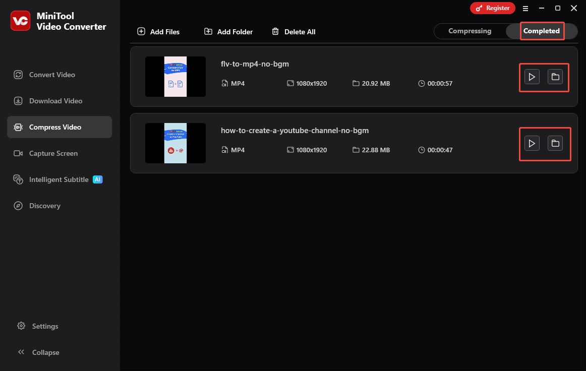 Click on the Play icon or the Folder icon in MiniTool Video Converter to view or locate the output files