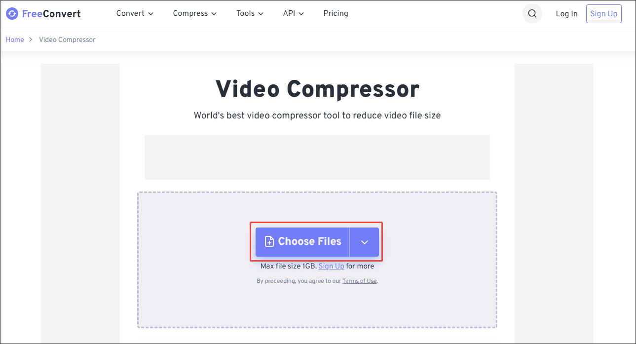 Click on the Choose Files in FreeConvert Video Compressor to import the Amazon video