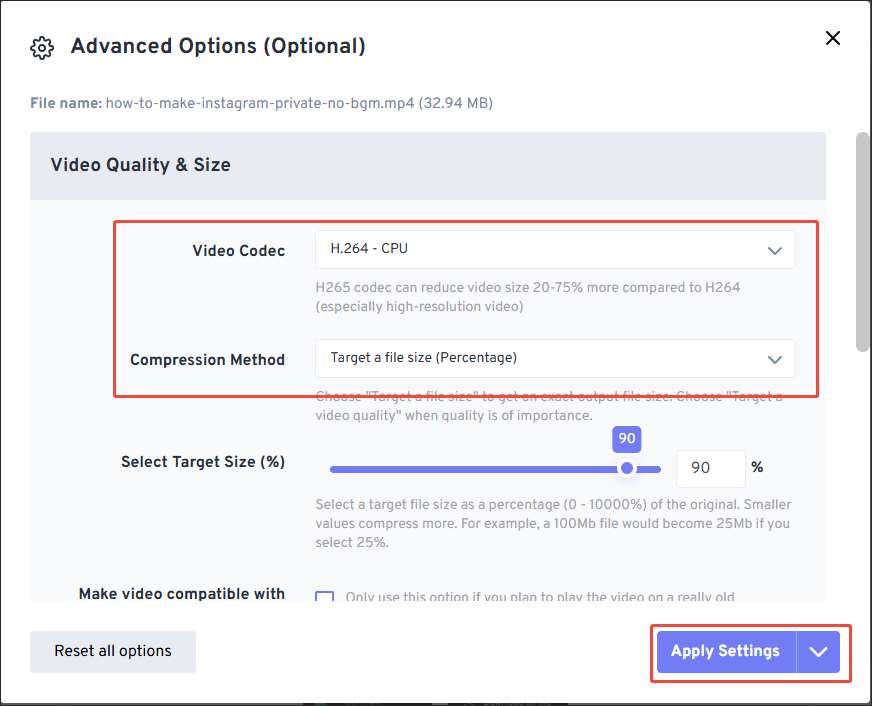The Advanced Options window of FreeConvert Video Compressor