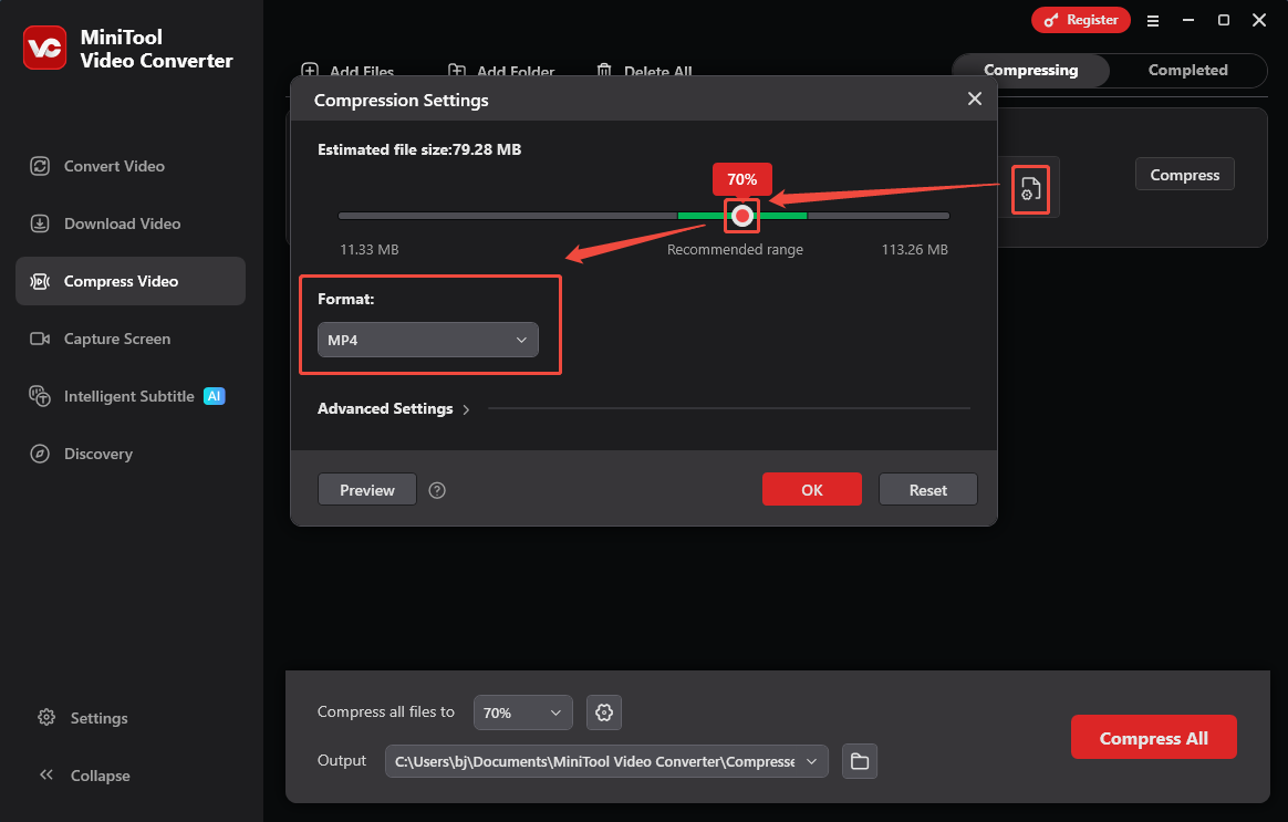 Enter the Compression Settings window in MiniTool Video Converter and choose MP4 as the output format
