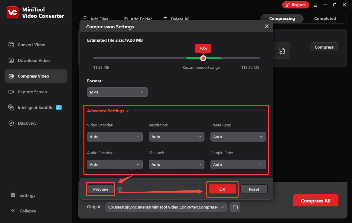 Configure the advanced compression settings and click on the OK button in MiniTool Video Converter to apply the compression settings