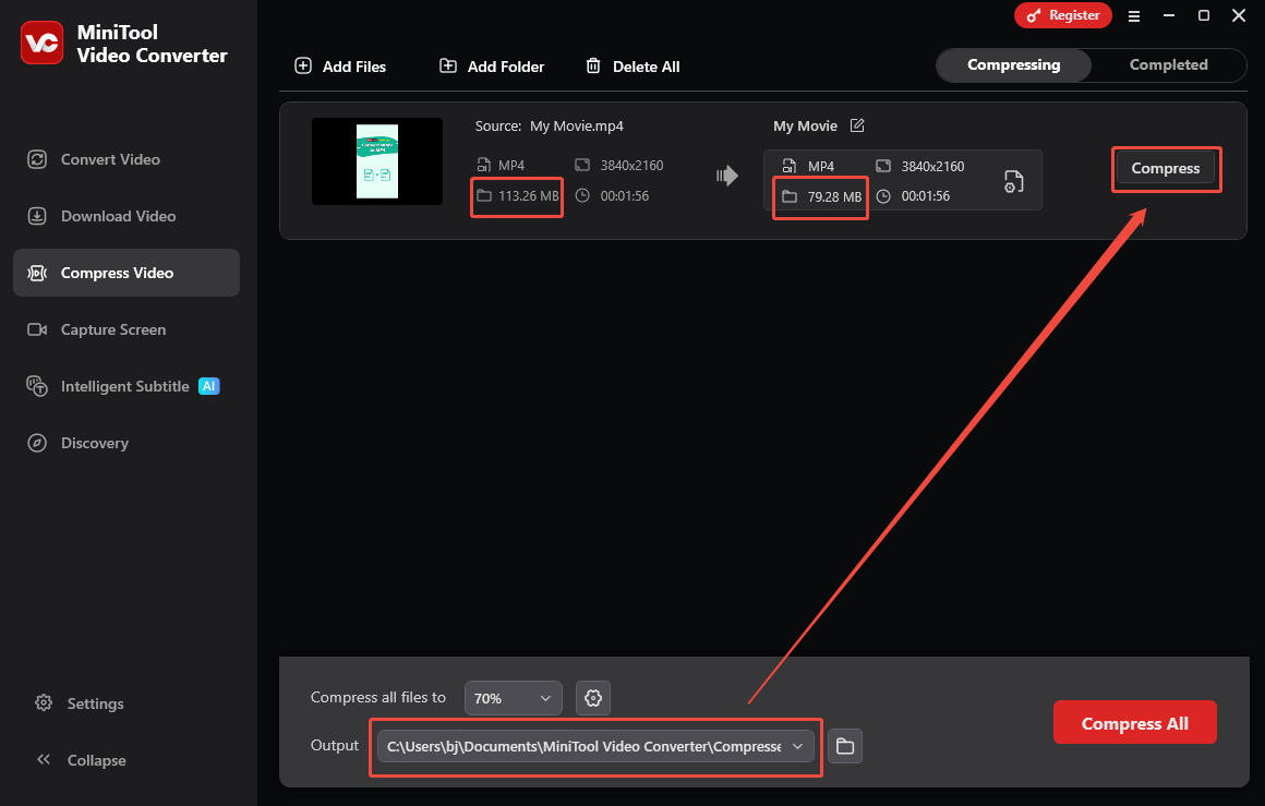 Expand the Output option to choose a saving path and click on Compress in MiniTool Video Converter to start the compression process