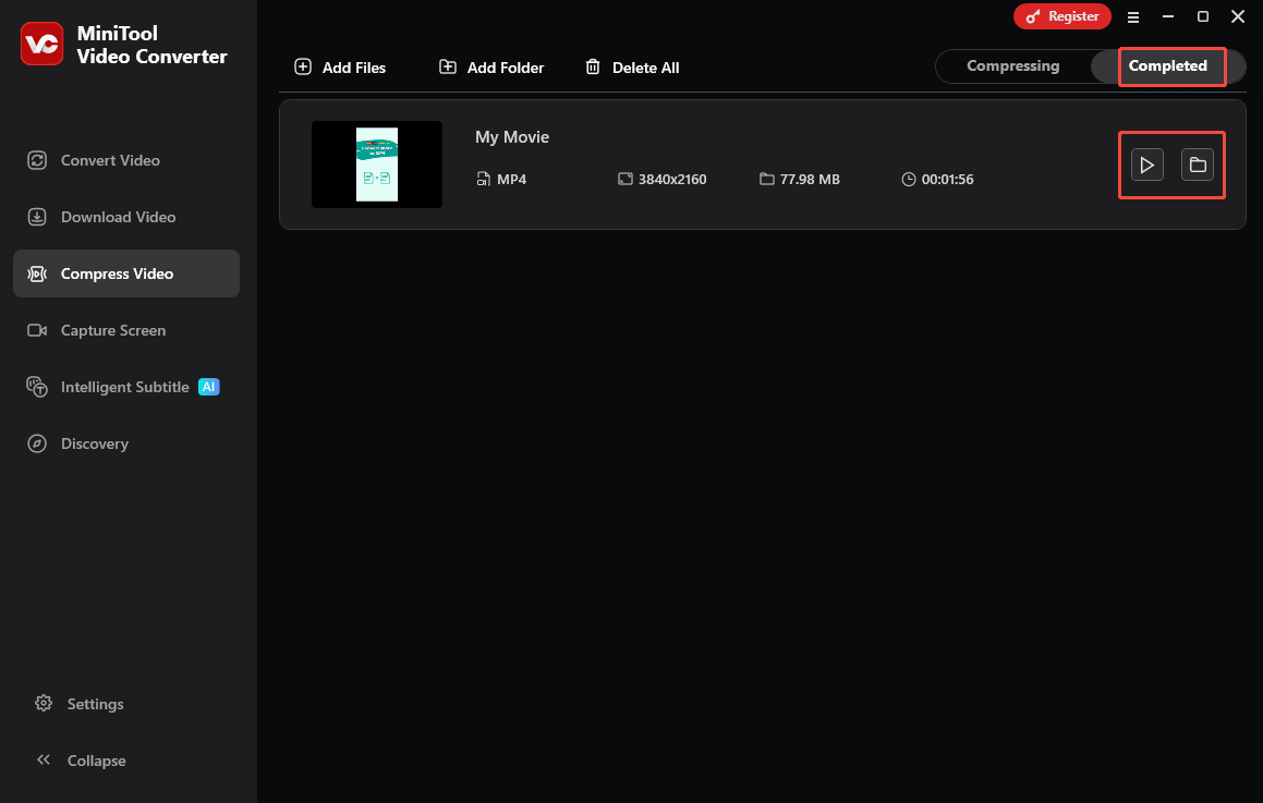 Click on the Play icon or the Folder icon in MiniTool Video Converter to view or locate the output video