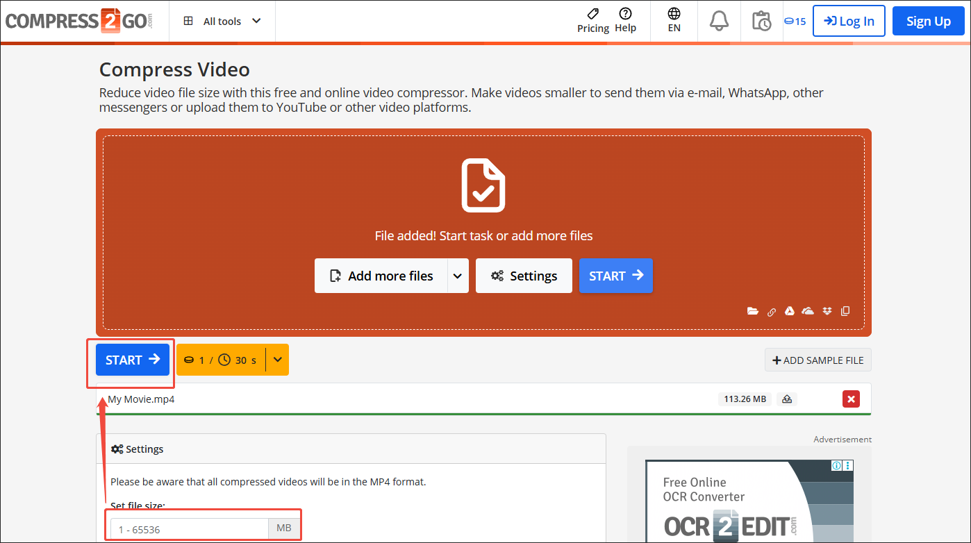 Specify the output file size and click on START in Online File Compressor to start the compression process