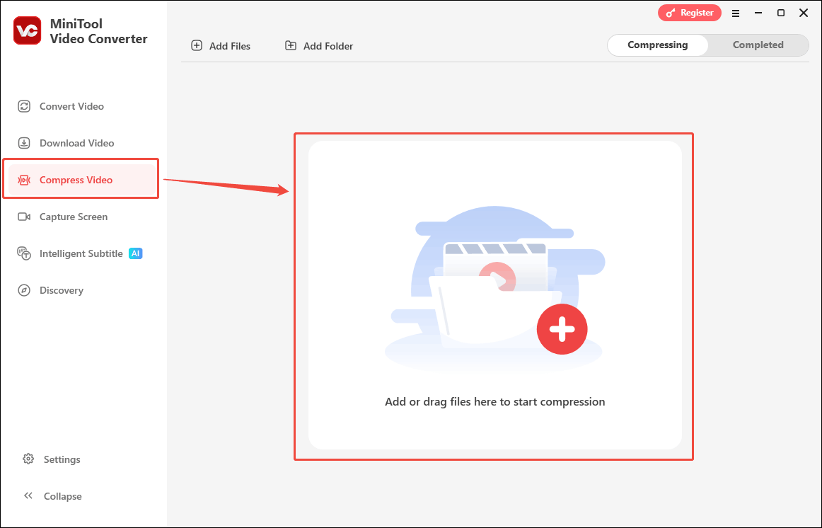 Drag the target video into the Add or drag files here to start compression region in the Compress Video tab to import it