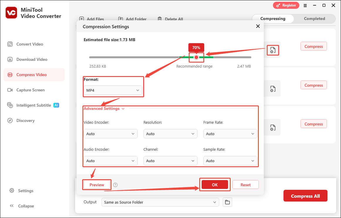 Customize the compression Settings and click the OK button in the Compression Settings window to save the changes