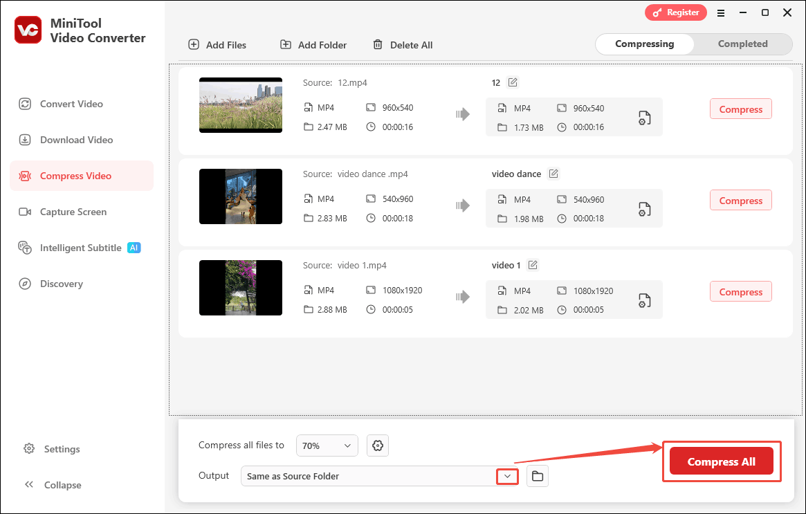 Expand the Output option at the bottom to choose a saving path and click the Compress All button in the Compress Video tab to start the compression process