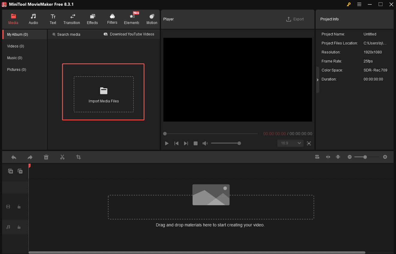Click the Import Media Files option in MiniTool MovieMaker to upload your target video
