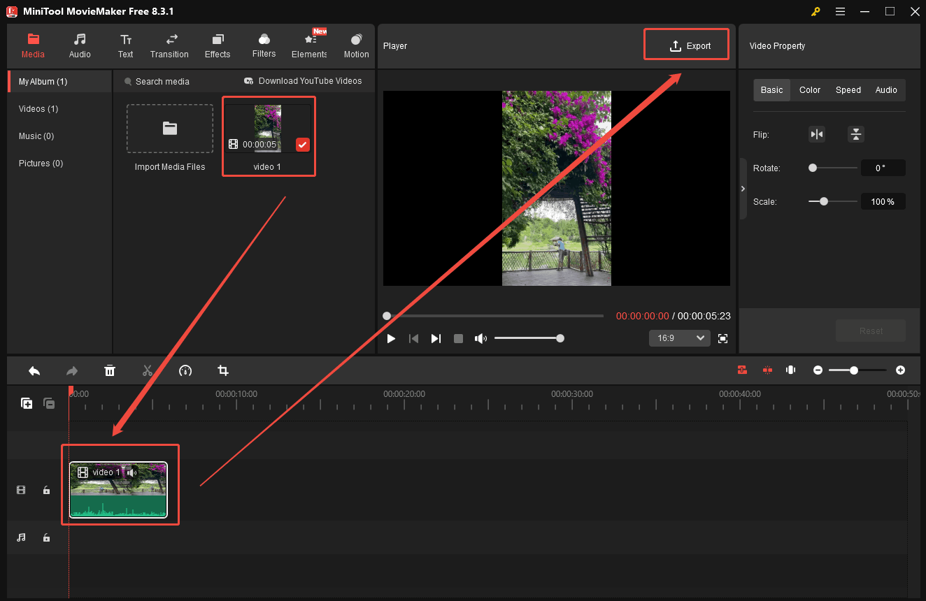 Drag the imported video onto the timeline below and click the Export option in MiniTool MovieMaker to display the Export window