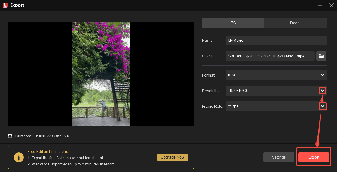 Lower the resolution and frame rate parameters and click the Export button in MiniTool MovieMaker to start the export process