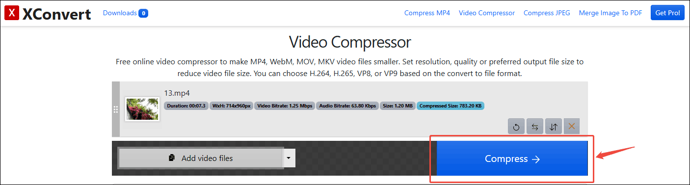 Click the Compress button in XConvert to begin the compression process
