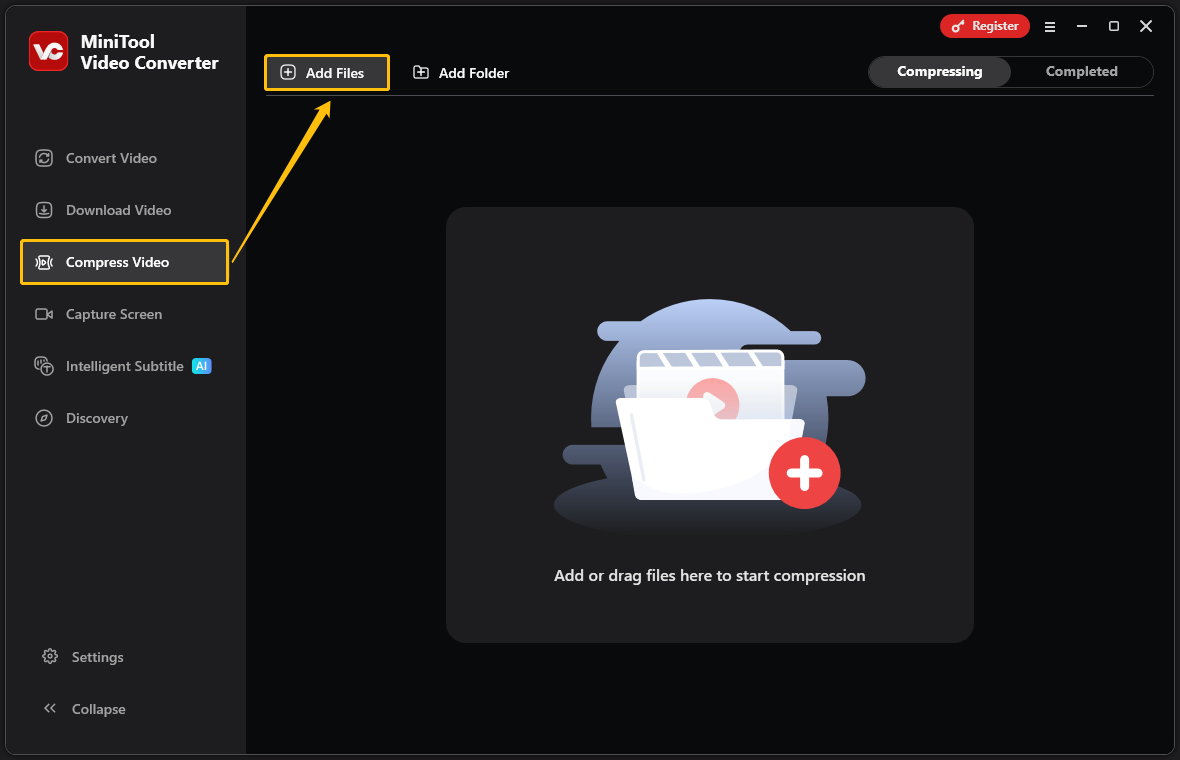 MiniTool Video Converter interface with the Add Files button selected under the Compress Video tab