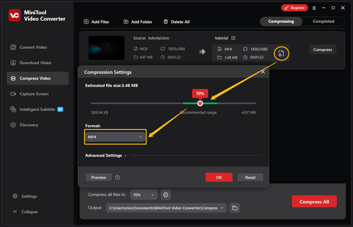 MiniTool Video Converter interface showing how to adjust the compression level and choose the output format
