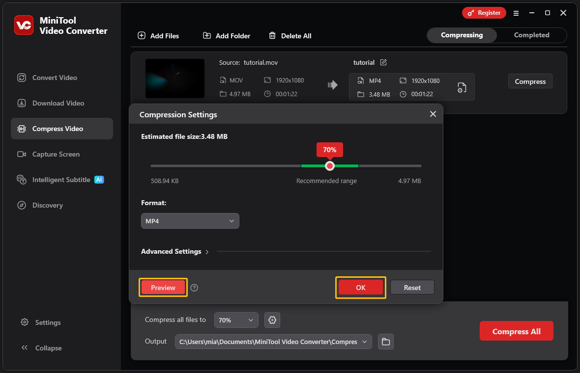 MiniTool Video Converter’s Compression Settings window with the Preview button and the OK button highlighted