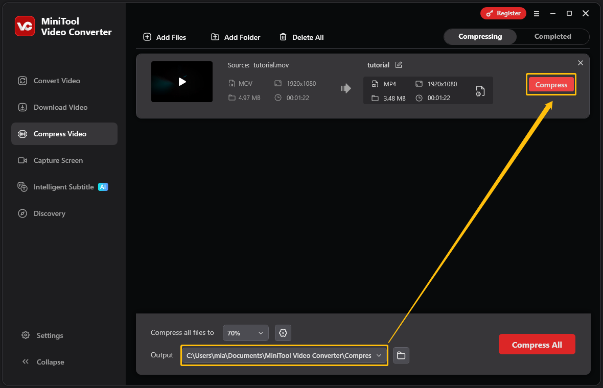 MiniTool Video Converter interface with the Output option and Compress button highlighted under the Compress Video tab