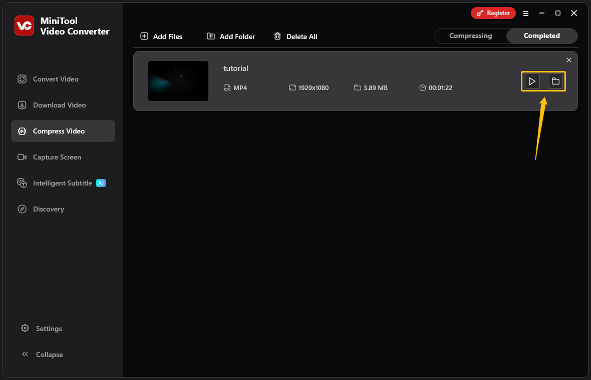 MiniTool Video Converter interface with the play icon and the folder icon highlighted under the Compress Video tab