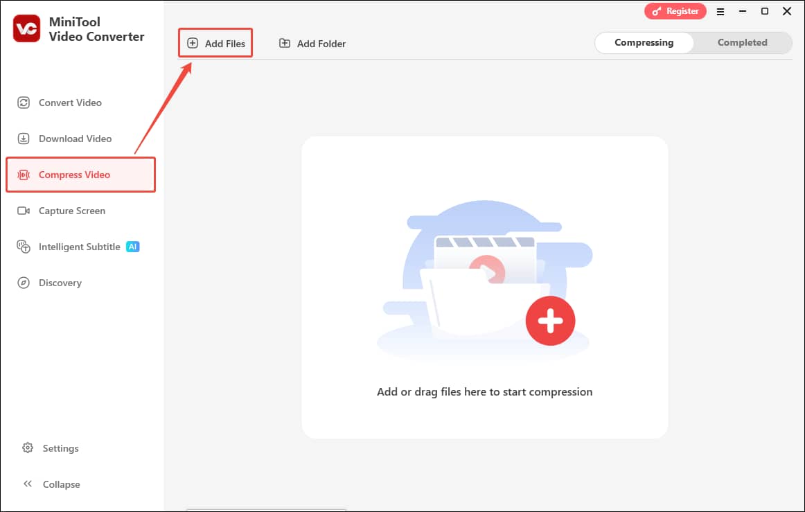 Click the Add Files option in the Compress Video tab of MiniTool Video Converter to import your videos
