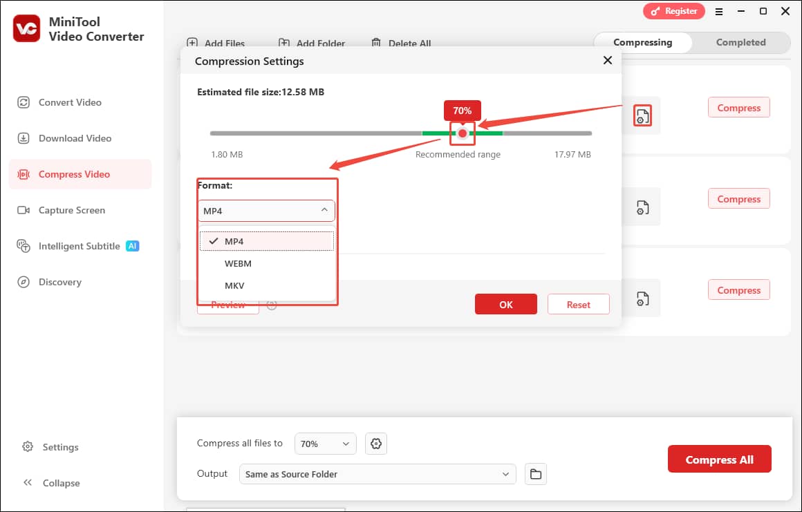 Drag the red slider and expand the Format option in the Compression Settings window to customize the compression percentage and configure an output format