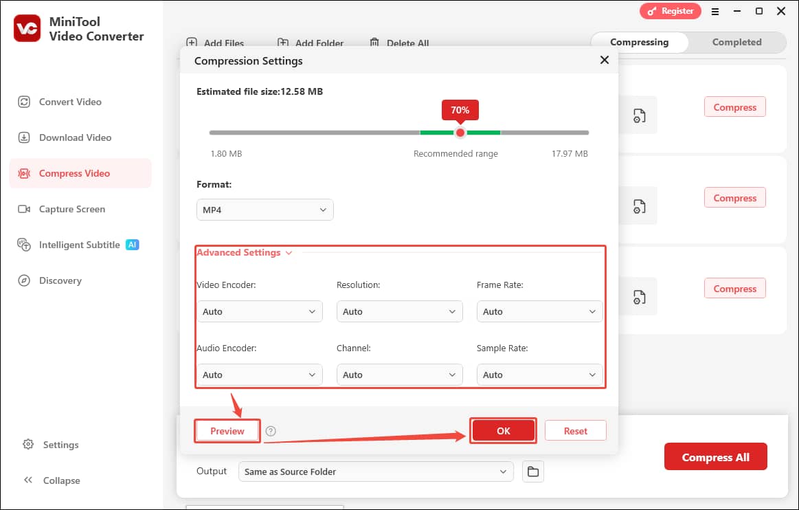 Fine-tune the parameters and click the OK button in the Compression Settings window of MiniTool Video Converter to save the changes