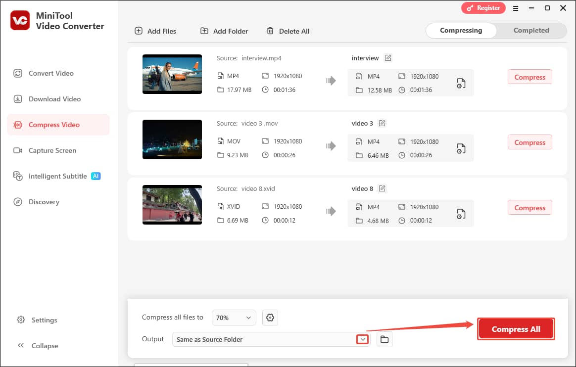 Expand the bottom Output option and click the Compress All button in MiniTool Video Converter to choose a storage location and start the compression