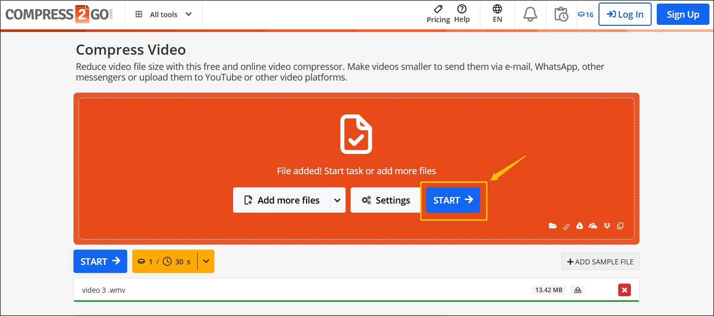 Click the START button in Online File Compressor to begin compressing