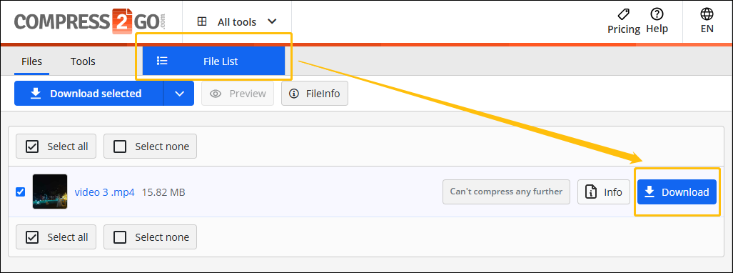 Click the Download button in Online File Compressor to save the compressed video