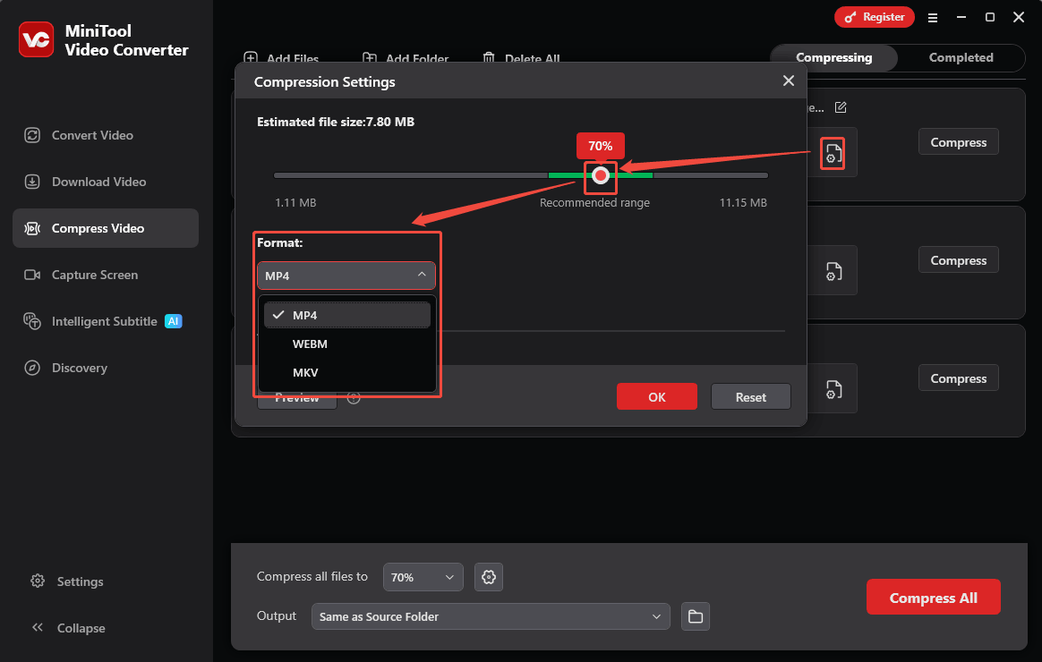 Drag the red slider and expand the Format option in the Compression Settings window