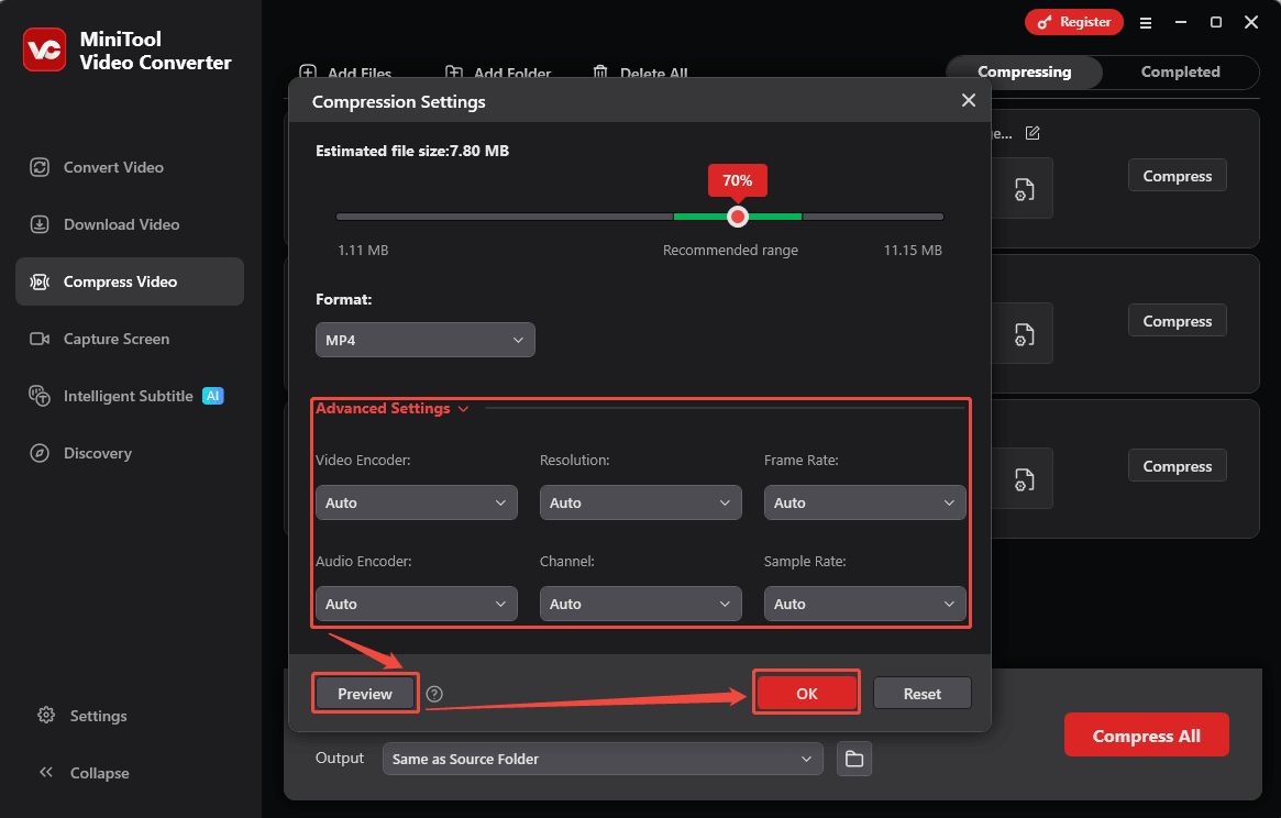 Expand the Advanced Settings option in the Compression Settings window to lower the compression level