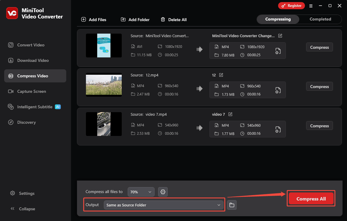 Click the Output option to pick a storage location and click the Compress All button in MiniTool Video Converter to begin the compression