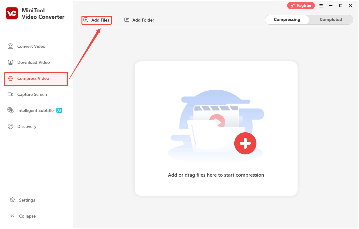 Click the Add Files option in the Compress Video tab of MiniTool Video Converter to import your videos larger than 20GB