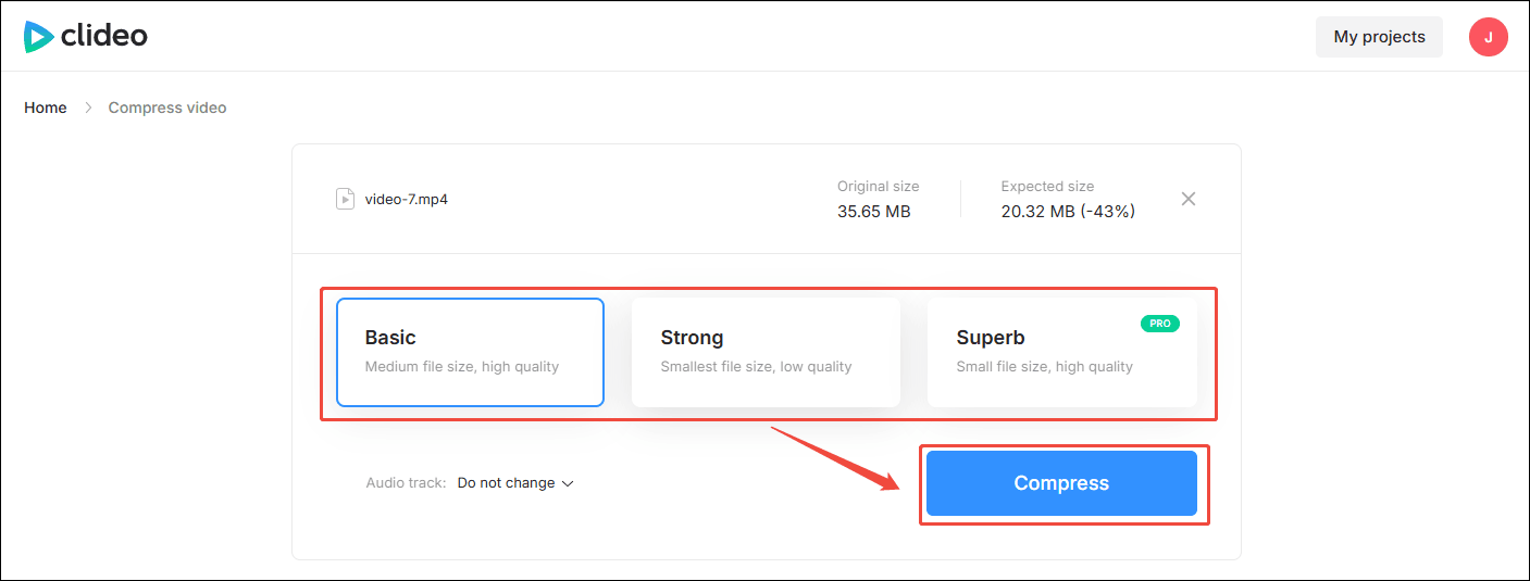 Configure a compression model and click the Compress button in Clideo to start the compression