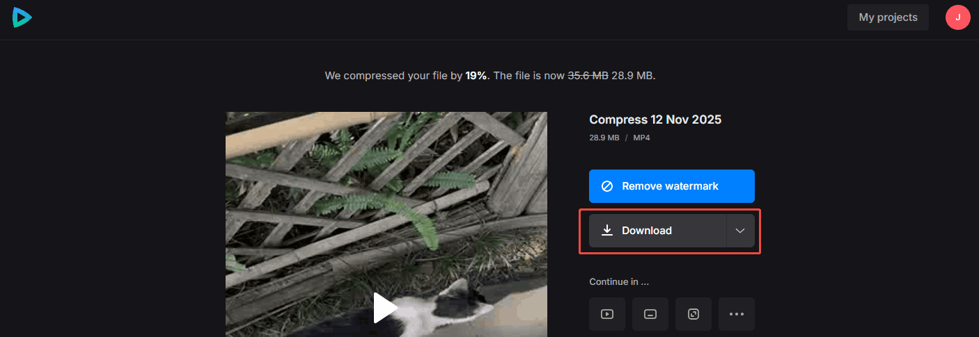Click the Download button in Clideo to save the compressed video