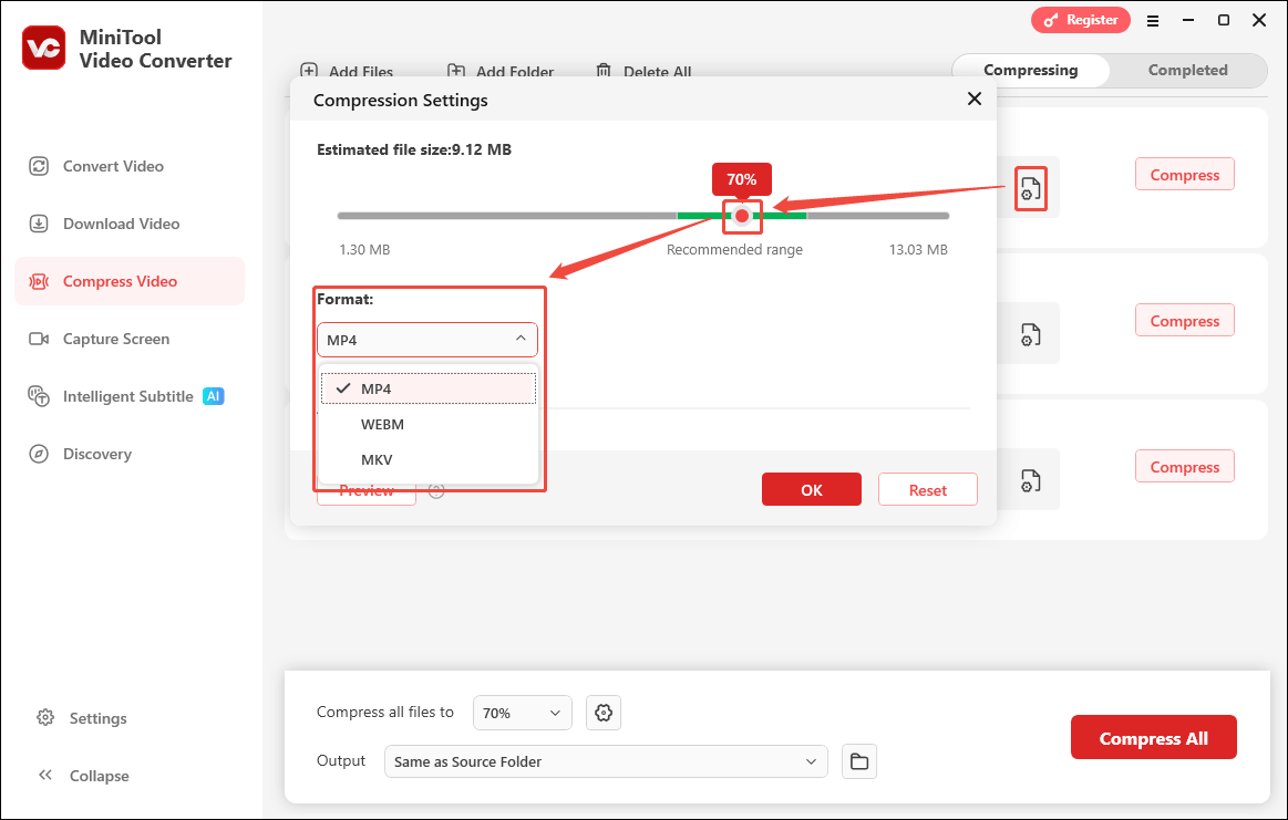 Drag the red slider and expand the Format option in the Compression Settings window to change the compression level and set an output format
