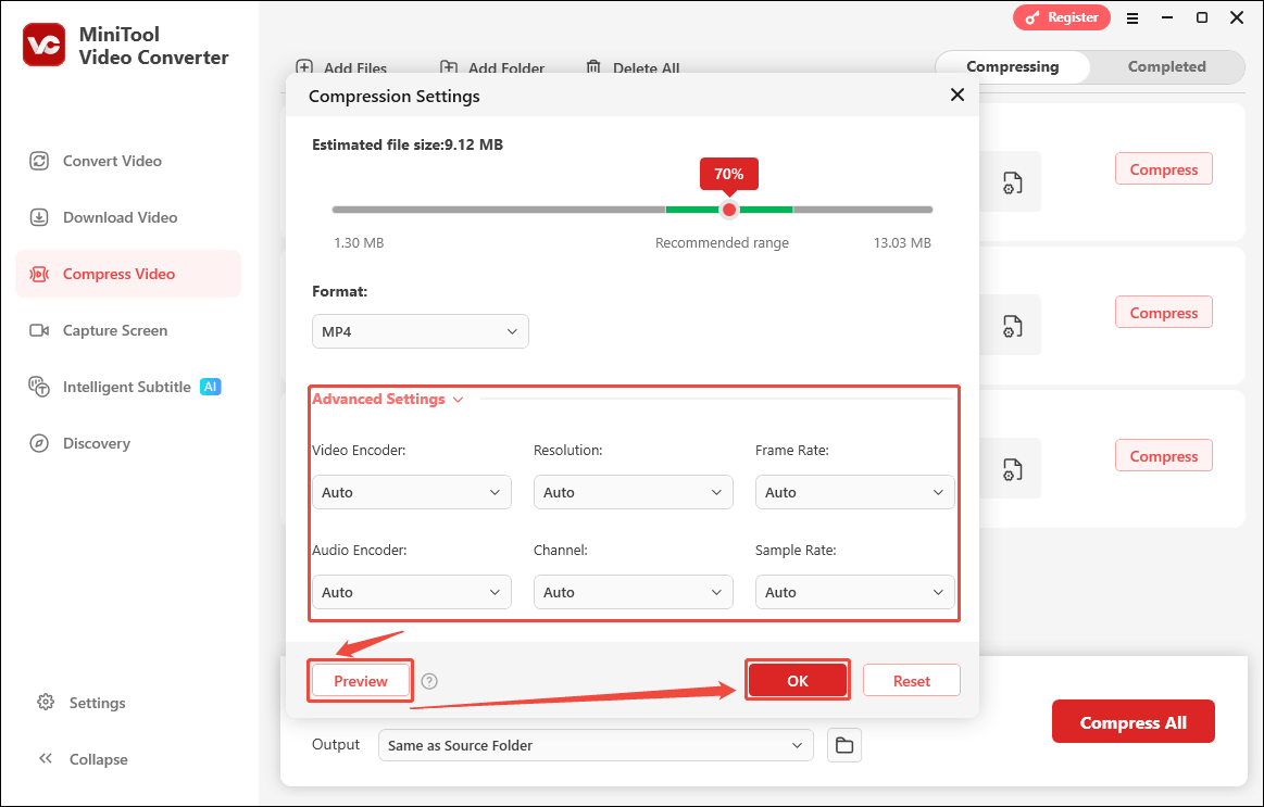 Fine-tune the parameters and click the OK button in the Compression Settings window of MiniTool Video Converter to apply the changes