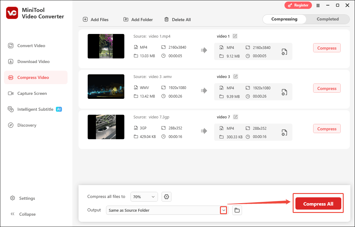 Expand the bottom Output option and click the Compress All button in MiniTool Video Converter to choose a saving folder and start the compression