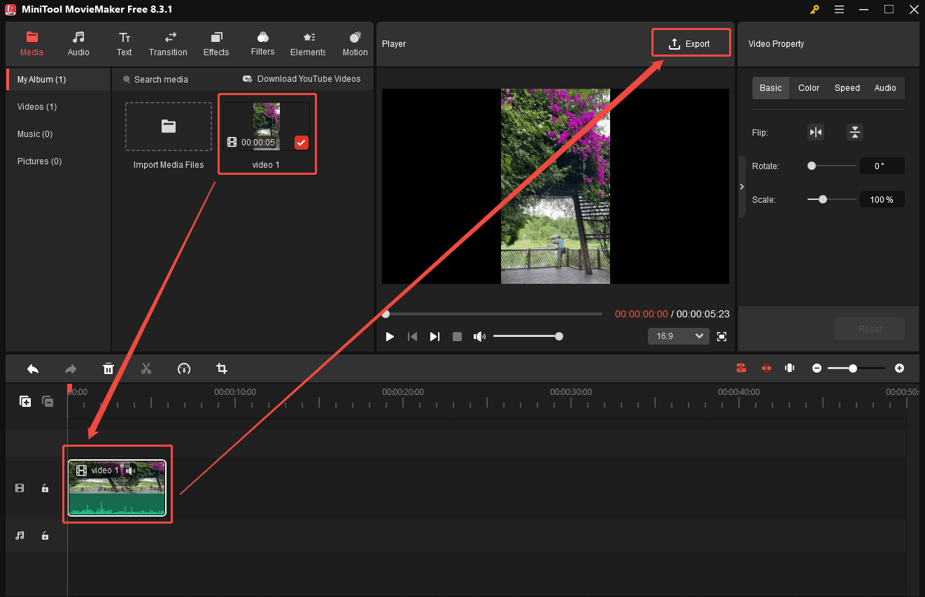 Drag the target video onto the timeline and click the Export button in MiniTool MovieMaker to trigger the Export window