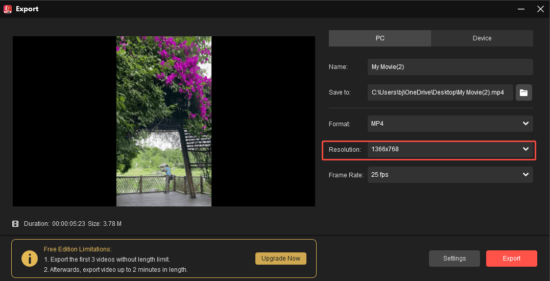 Expand the Resolution option in MiniTool MovieMaker to lower the resolution of the exported video