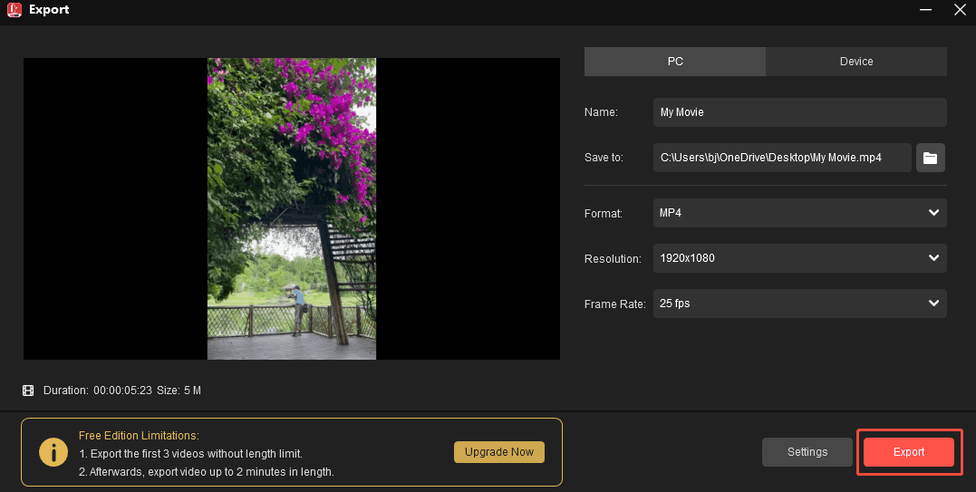 Click the Export button in MiniTool MovieMaker to start the export process