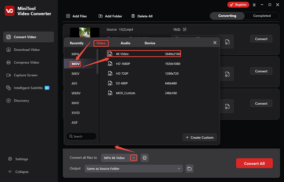 Choose MOV in the output format window of MiniTool Video Converter as the output format