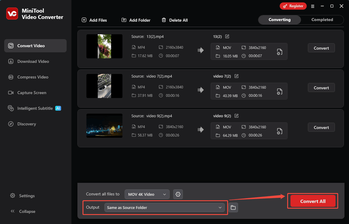 Expand the bottom Output option to select an output folder and click the Convert All button in MiniTool Video Converter to begin the conversion