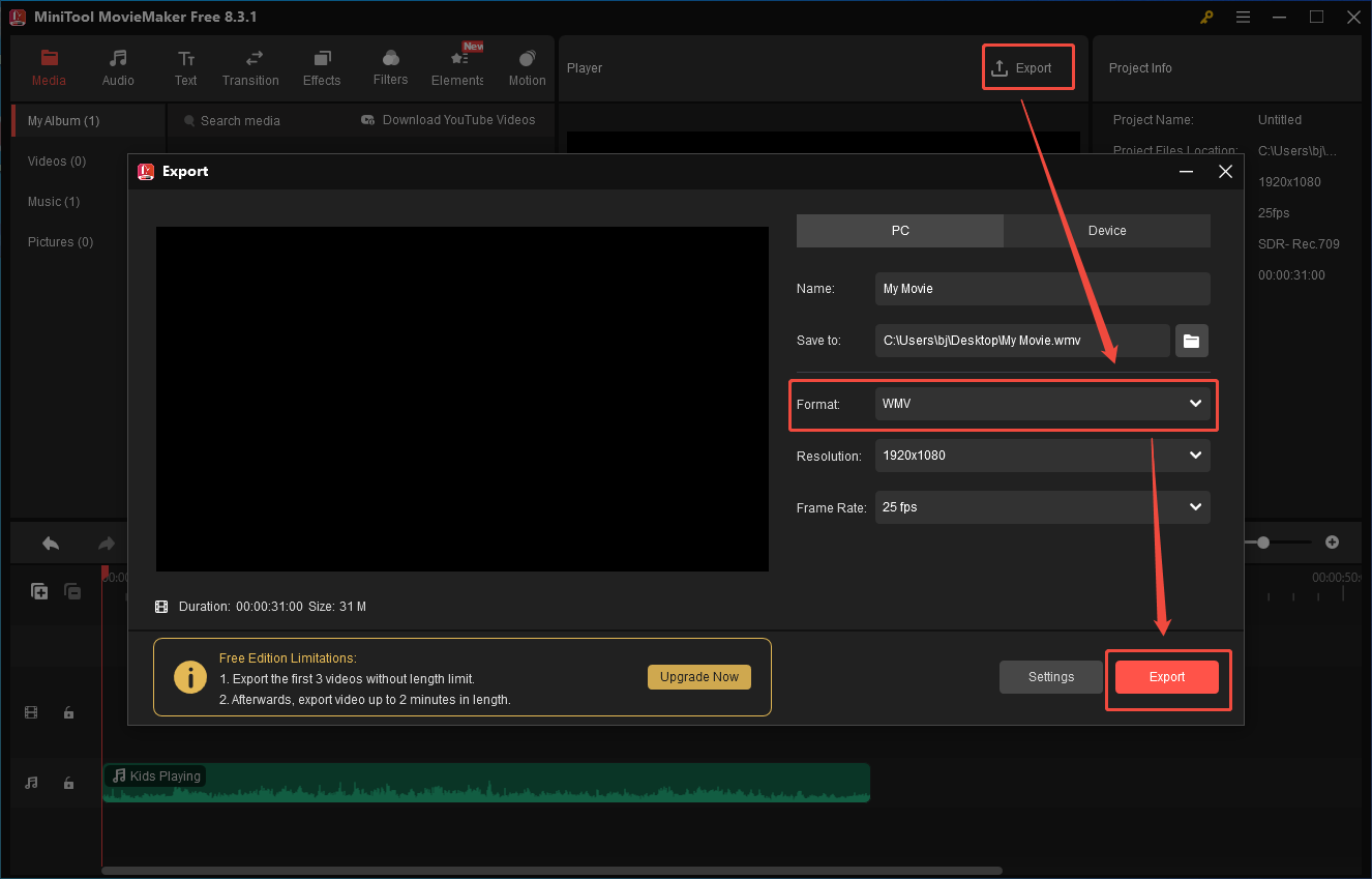 Specify the output settings and click on the Export option in MiniTool MovieMaker to start the conversion process
