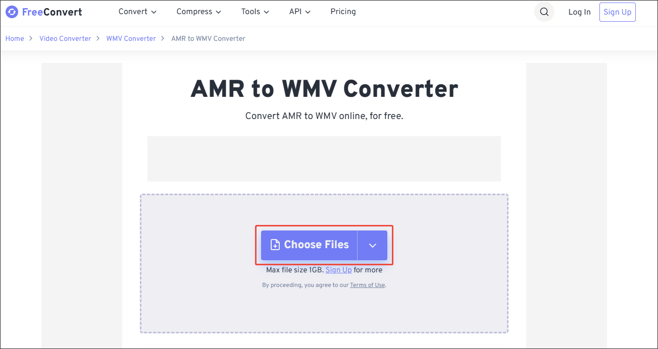 Click on Choose Files in FreeConvert to upload the AMR file