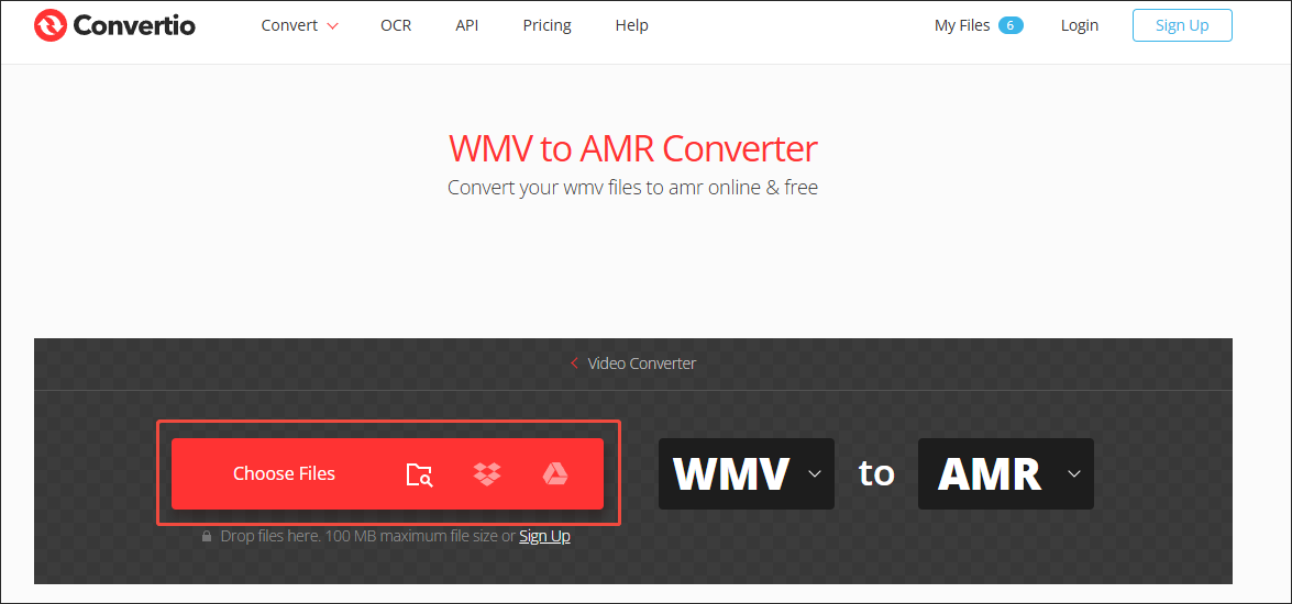 Click on Choose Files in Convertio to upload the WMV file