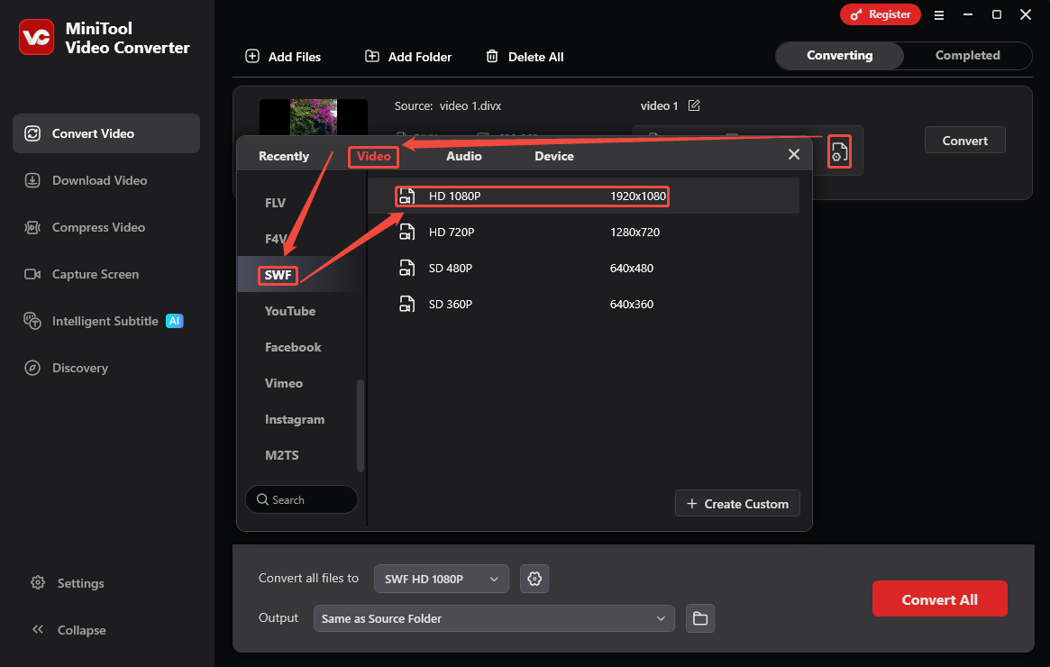 Set SWF as the output format in the output format window of MiniTool Video Converter