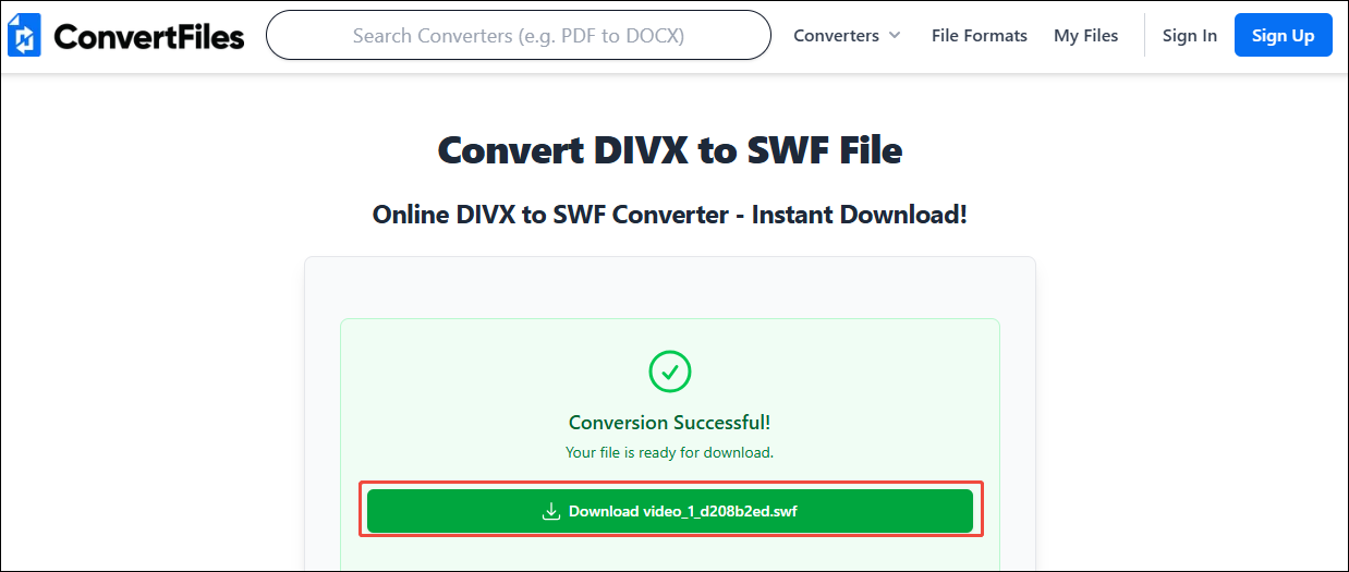 Click the Download button in ConvertFiles to store the converted video